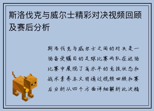 斯洛伐克与威尔士精彩对决视频回顾及赛后分析