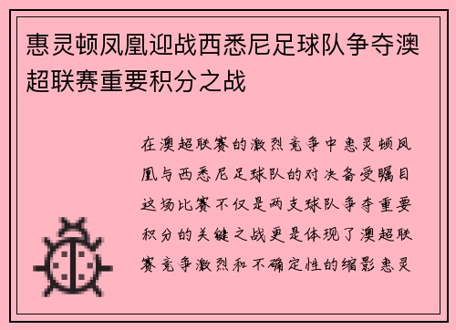 惠灵顿凤凰迎战西悉尼足球队争夺澳超联赛重要积分之战