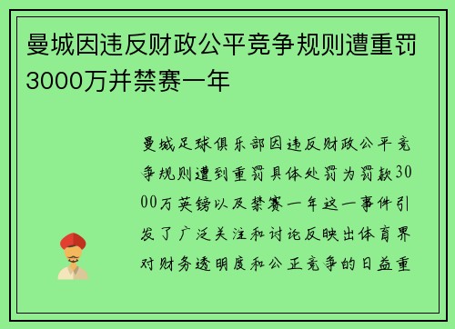 曼城因违反财政公平竞争规则遭重罚3000万并禁赛一年