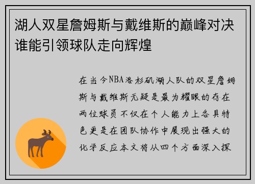 湖人双星詹姆斯与戴维斯的巅峰对决谁能引领球队走向辉煌
