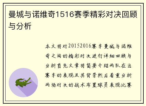 曼城与诺维奇1516赛季精彩对决回顾与分析
