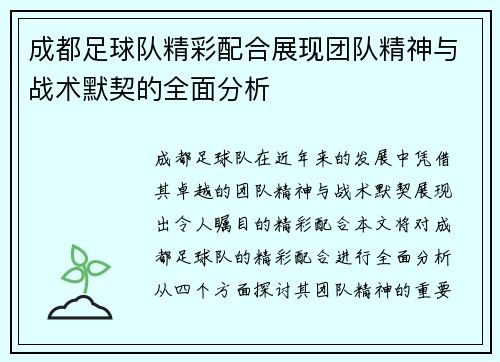 成都足球队精彩配合展现团队精神与战术默契的全面分析