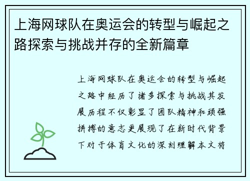 上海网球队在奥运会的转型与崛起之路探索与挑战并存的全新篇章