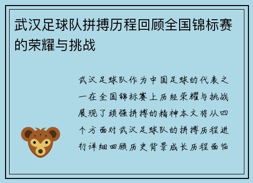 武汉足球队拼搏历程回顾全国锦标赛的荣耀与挑战