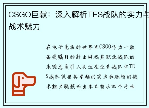 CSGO巨献：深入解析TES战队的实力与战术魅力