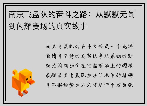 南京飞盘队的奋斗之路：从默默无闻到闪耀赛场的真实故事