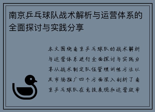 南京乒乓球队战术解析与运营体系的全面探讨与实践分享