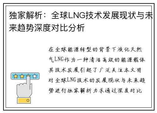 独家解析：全球LNG技术发展现状与未来趋势深度对比分析