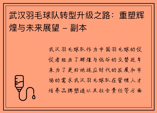 武汉羽毛球队转型升级之路：重塑辉煌与未来展望 - 副本