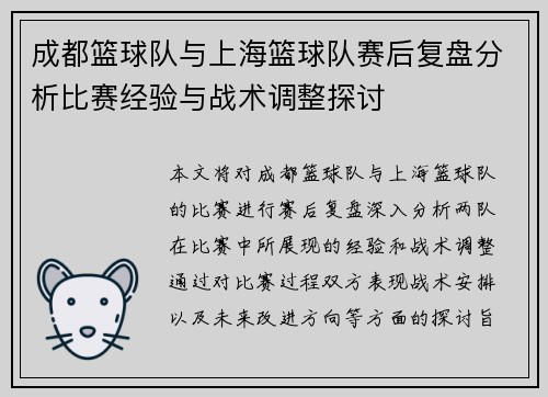 成都篮球队与上海篮球队赛后复盘分析比赛经验与战术调整探讨
